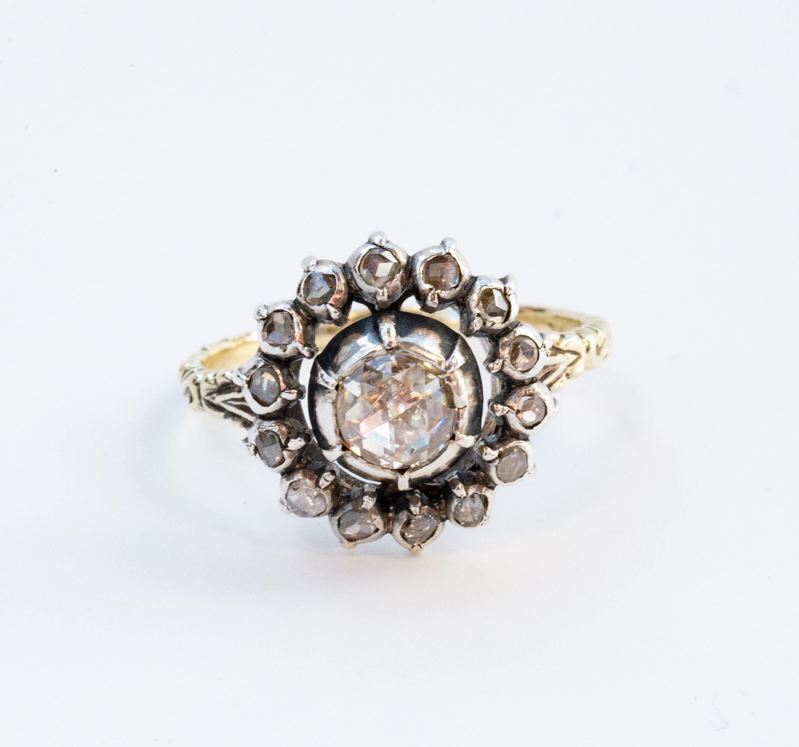 Vittoriano Anello vittoriano olandese in oro e argento 14 carati con diamanti a grappolo in vendita