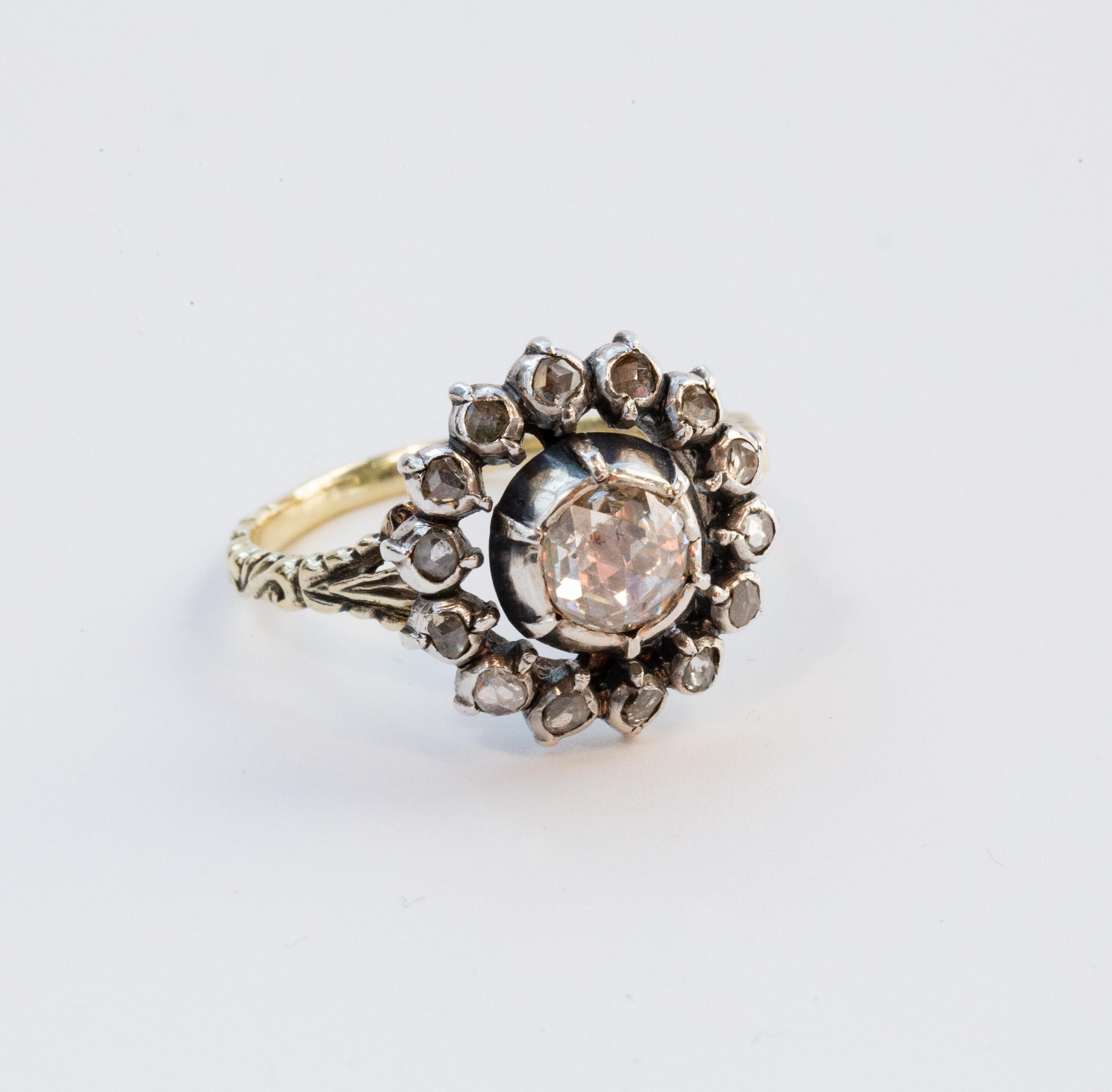 Anello vittoriano olandese in oro e argento 14 carati con diamanti a grappolo In condizioni buone in vendita a Arnhem, NL
