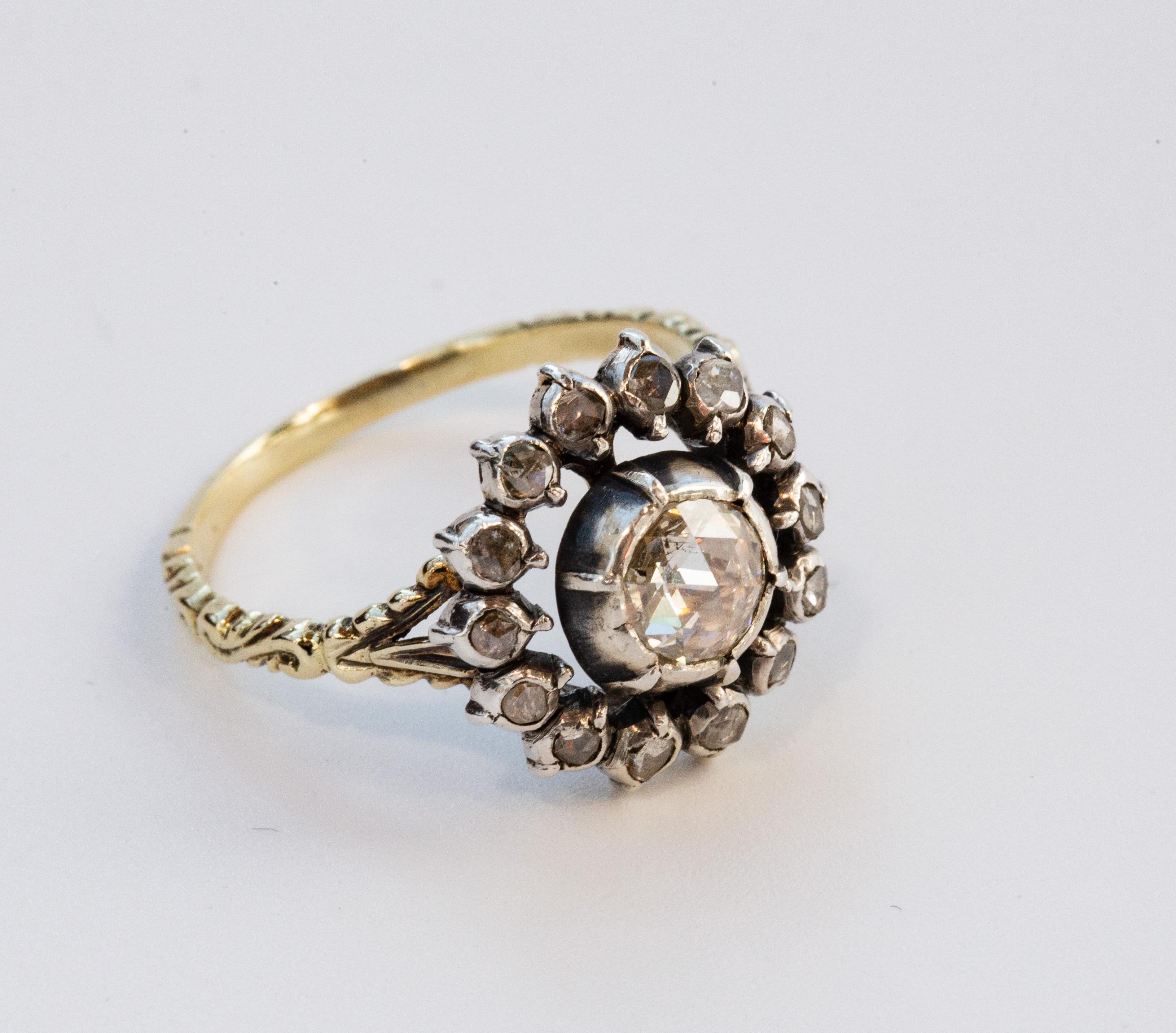 da uomo o donna Anello vittoriano olandese in oro e argento 14 carati con diamanti a grappolo in vendita