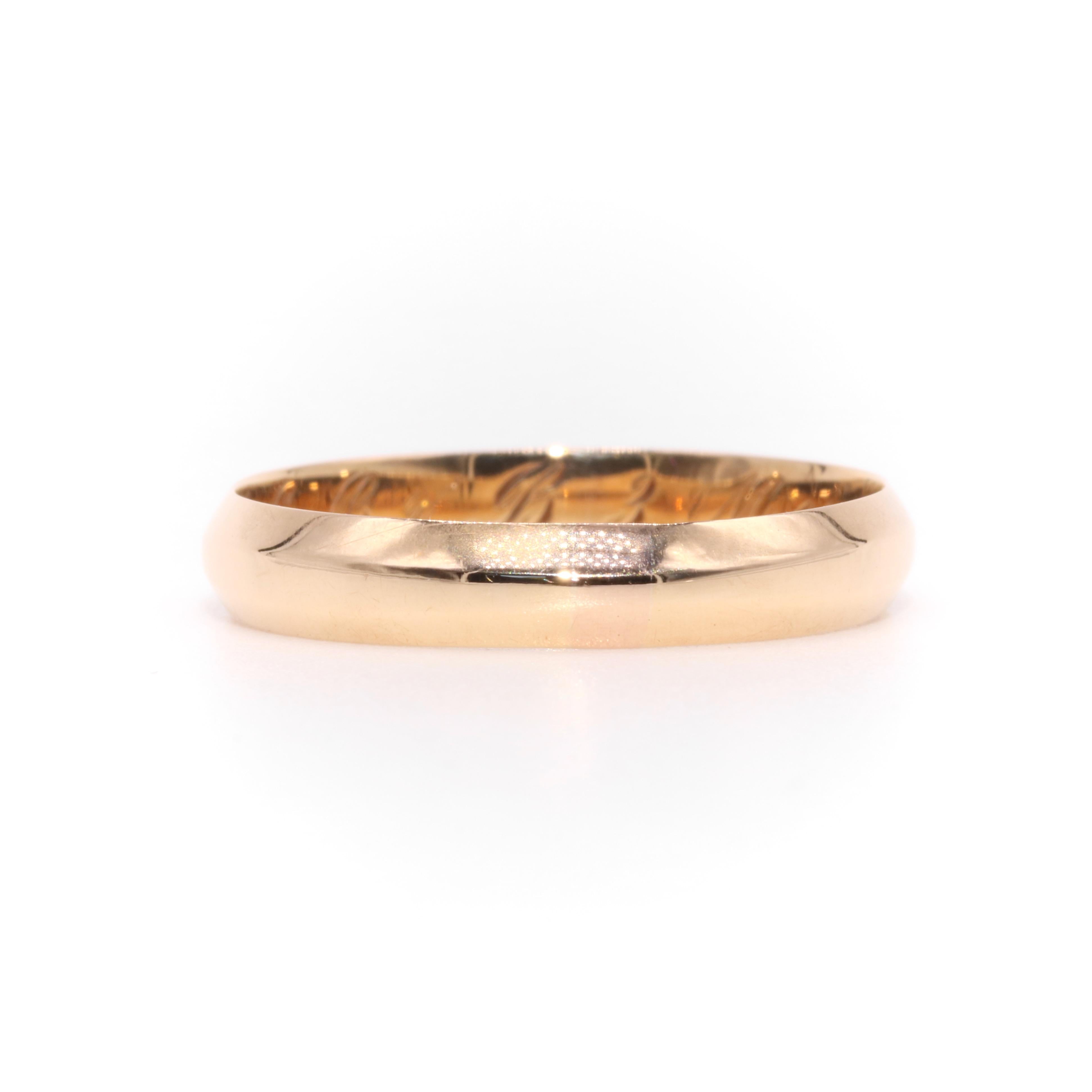 Women's or Men's Antique Victorian Dutch 14K Yellow Gold Wedding Band with Personal Inscription For Sale
