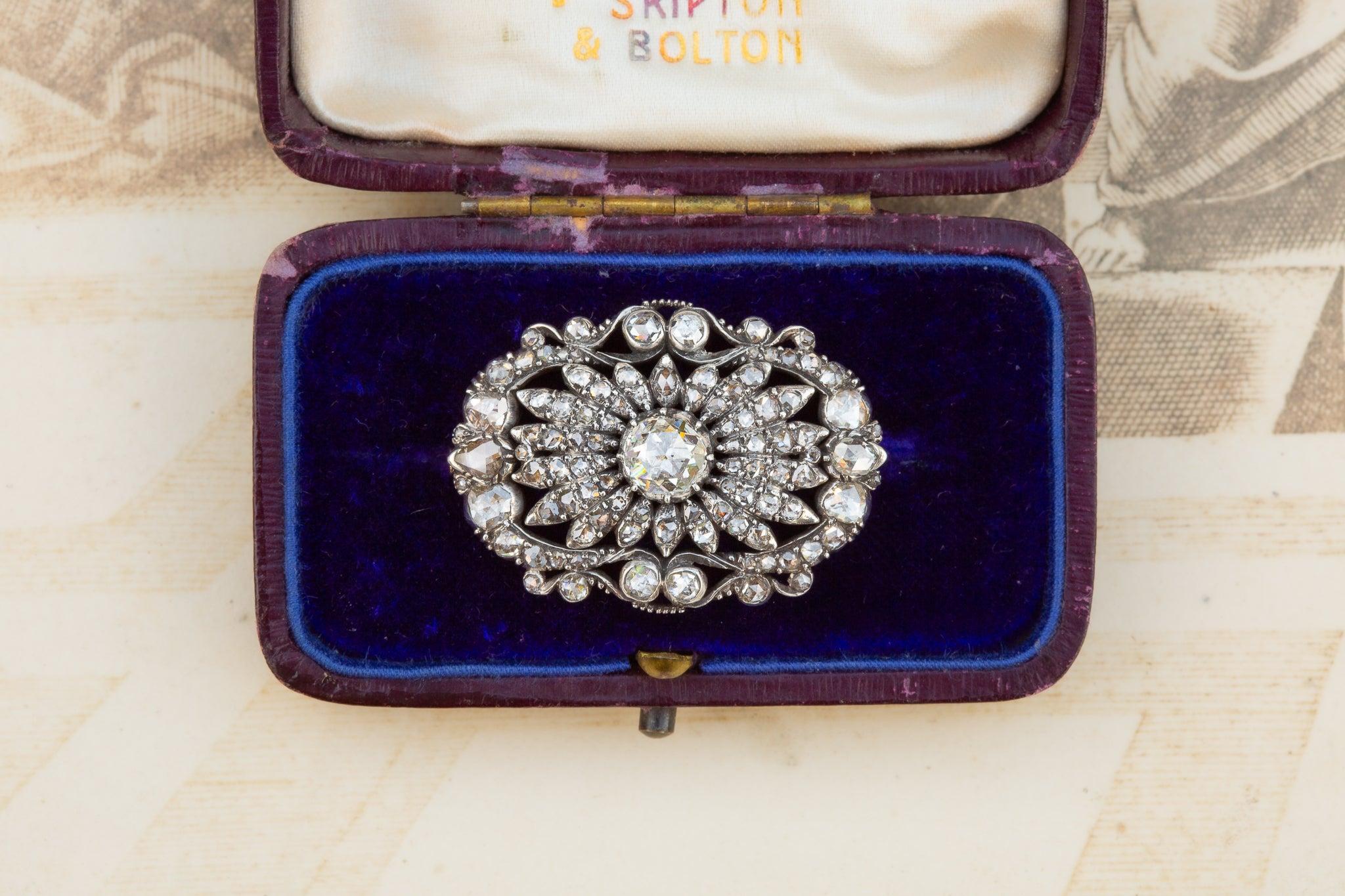 Antique Victorian Dutch Diamond Brooch Gold and Silver Rose Cut Diamonds In Excellent Condition In London, GB