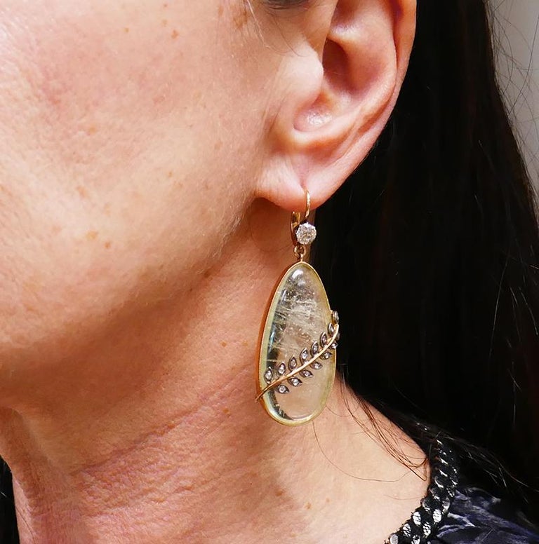 Antique Victorian Earrings 14k Gold Diamond Quartz Dangle Estate