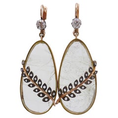 Antique Victorian Earrings 14k Gold Diamond Quartz Dangle Estate Jewelry