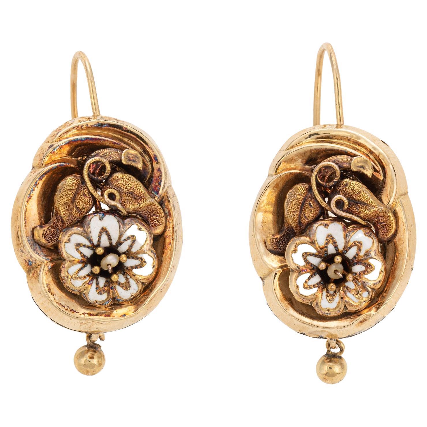 Antique Victorian Earrings Enamel Flower Drops 14k Yellow Gold Fine ...