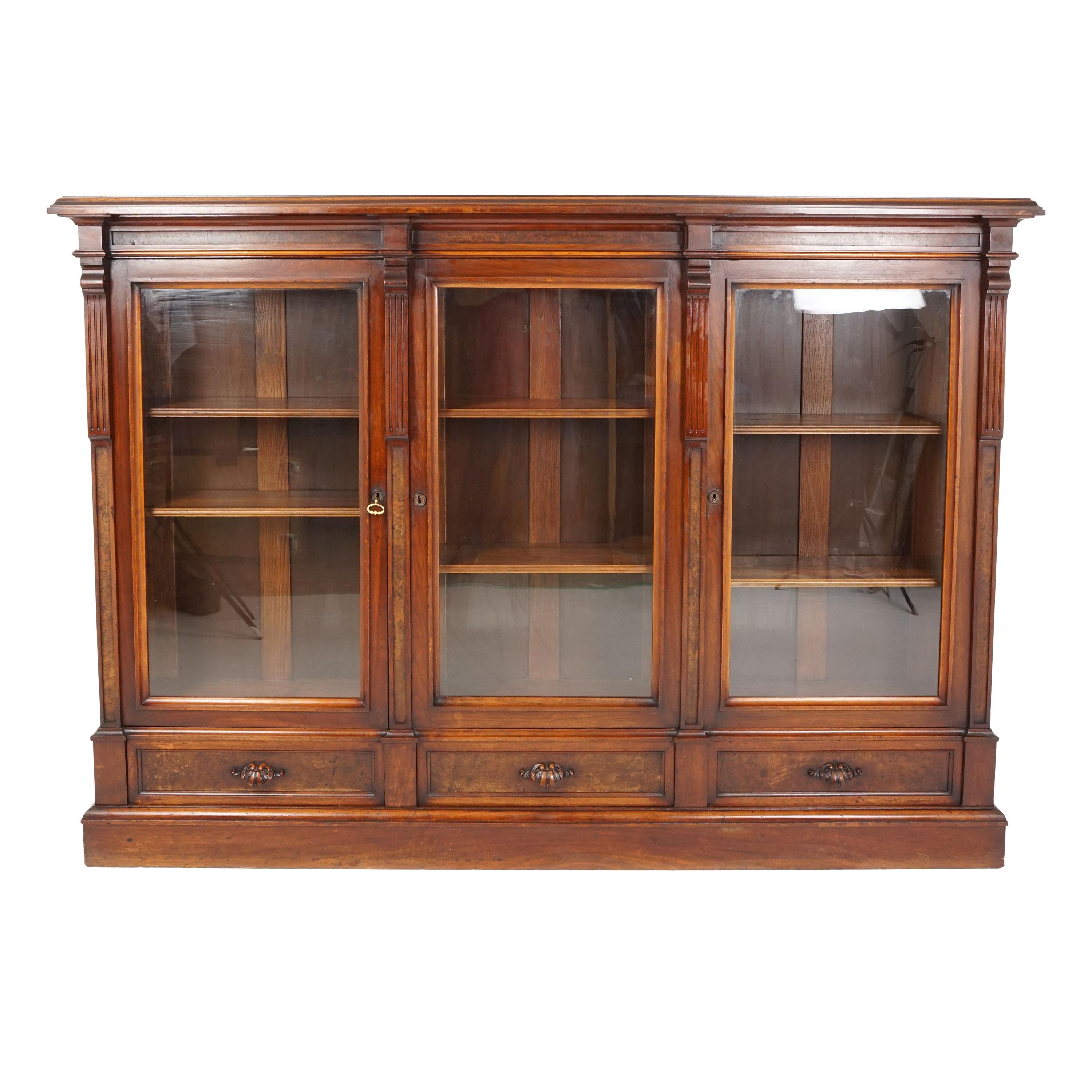 Antique Victorian East Lake 3 Door Bookcase Display Cabinet, America 1880, B2564