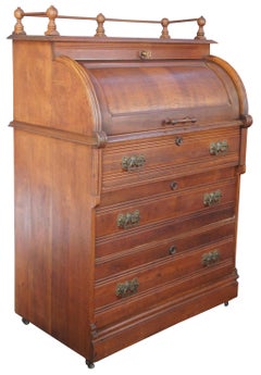 Antique Victorian Eastlake Aesthetic Maple Cylinder Roll Top Secretary Desk