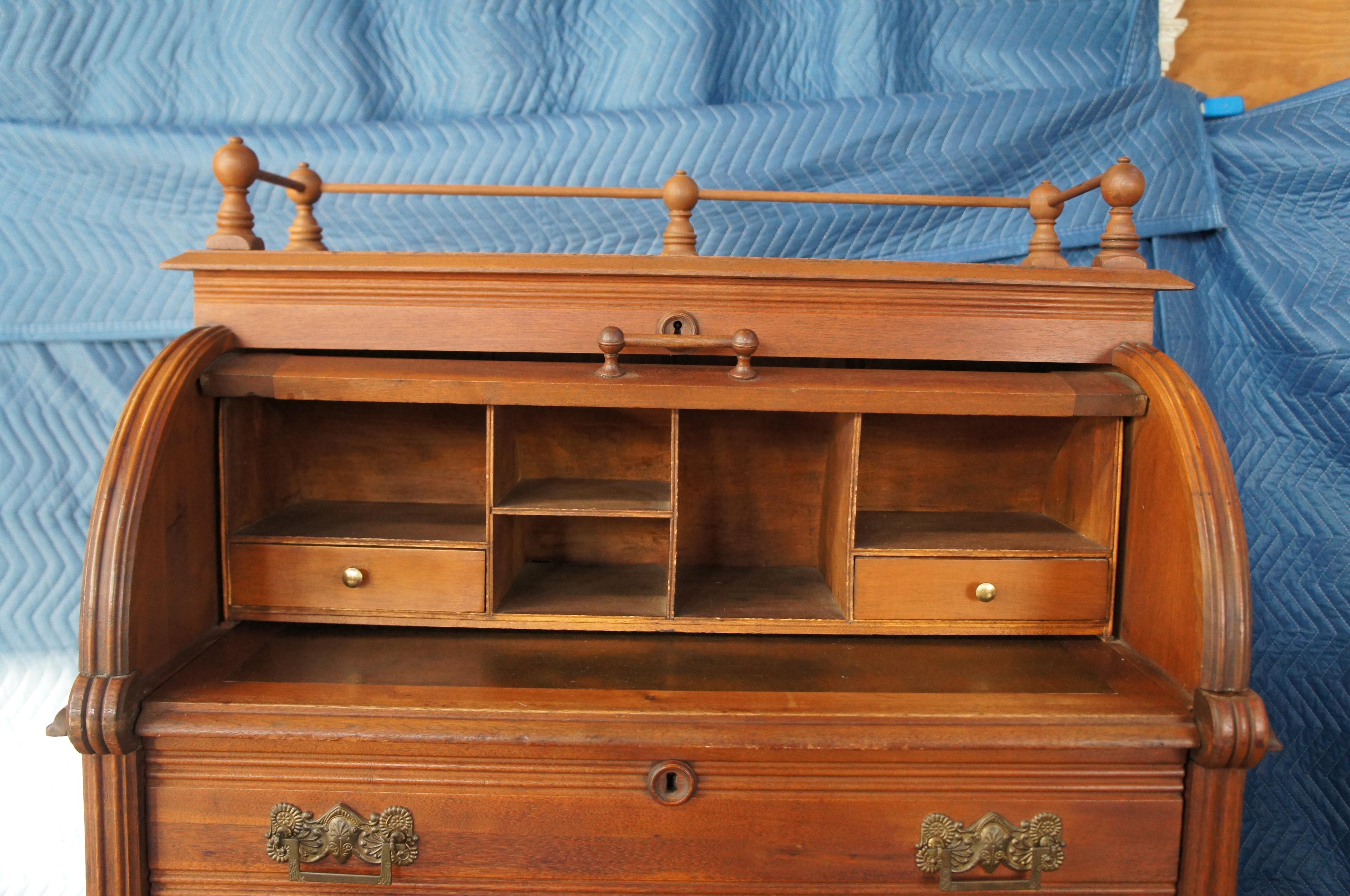 19th Century Antique Victorian Eastlake Aesthetic Maple Cylinder Roll Top Secretary Desk