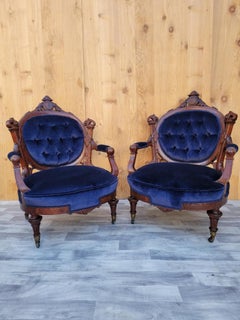 Antique Victorian Eastlake Burled Walnut Tufted Armchairs Newly Reupholstered