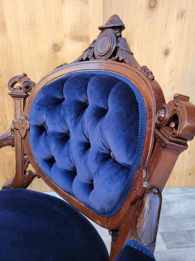 Hand-Carved Antique Victorian Eastlake Burled Walnut Tufted Armchairs Newly Upholstered For Sale