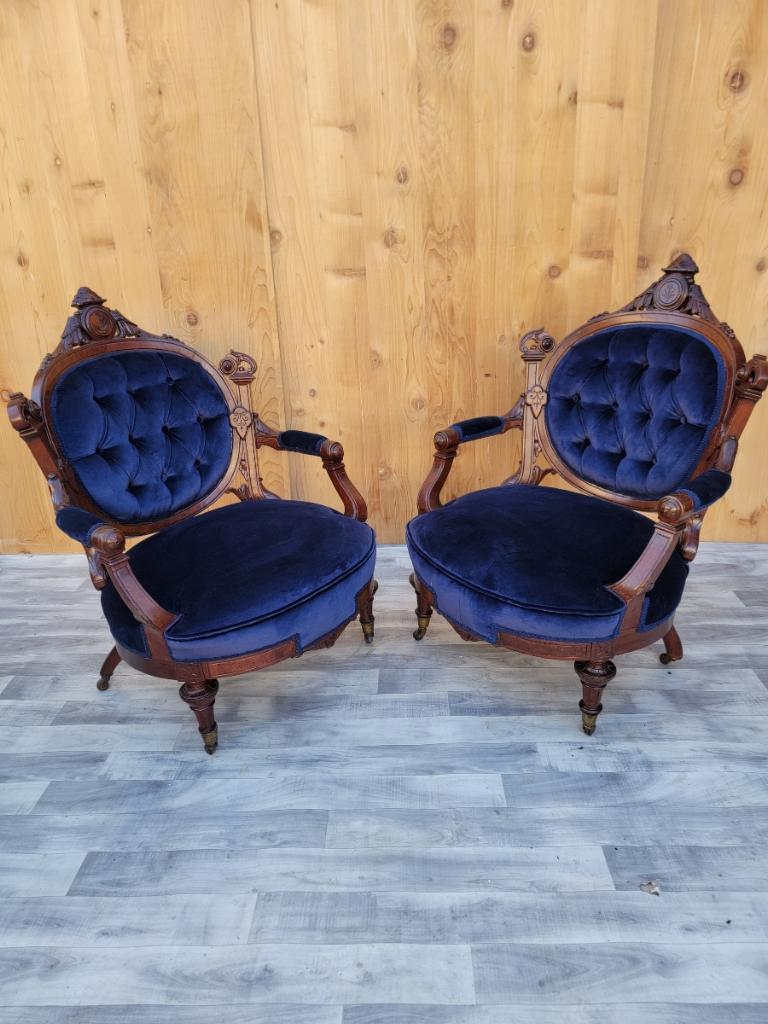 Antique Victorian Eastlake Burled Walnut Tufted Armchairs Newly Upholstered In Good Condition For Sale In Chicago, IL