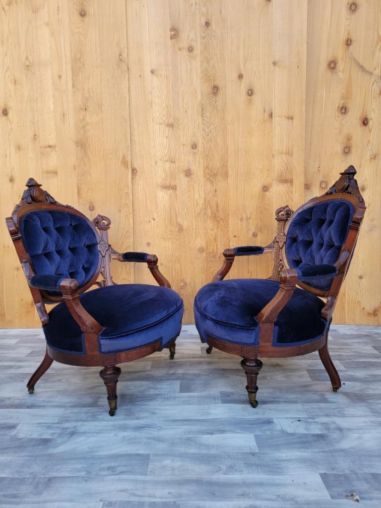 19th Century Antique Victorian Eastlake Burled Walnut Tufted Armchairs Newly Upholstered For Sale