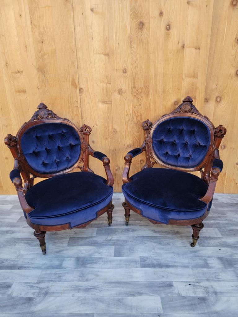 Velvet Antique Victorian Eastlake Burled Walnut Tufted Armchairs Newly Upholstered For Sale