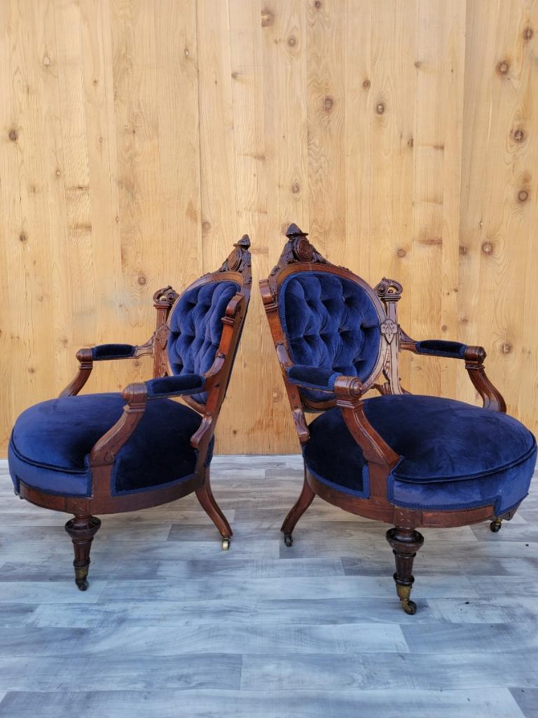 Antique Victorian Eastlake Burled Walnut Tufted Armchairs Newly Upholstered For Sale 1