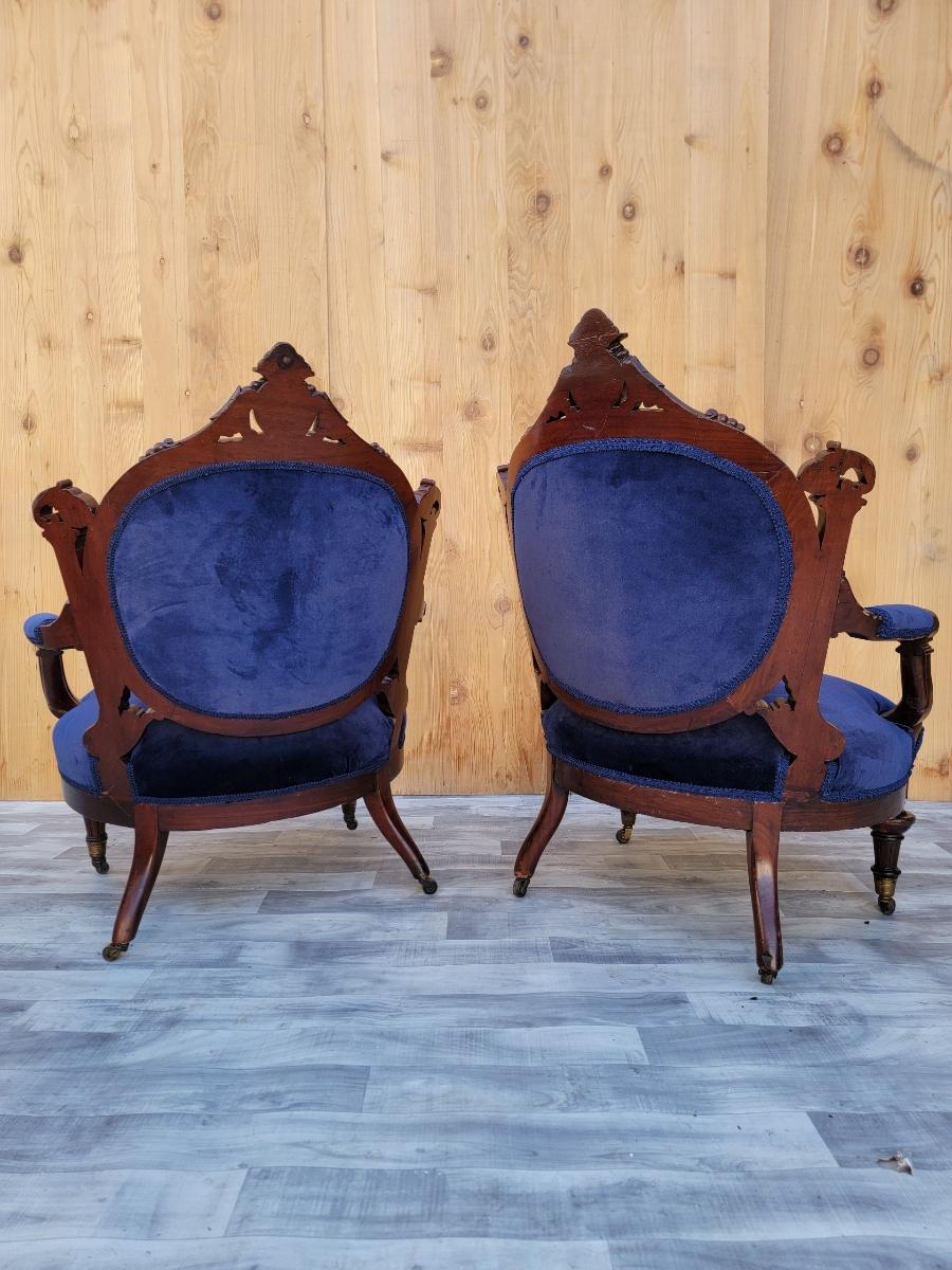 Antique Victorian Eastlake Burled Walnut Tufted Armchairs Newly Upholstered For Sale 2