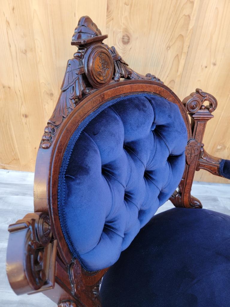 Antique Victorian Eastlake Burled Walnut Tufted Armchairs Newly Upholstered For Sale 3
