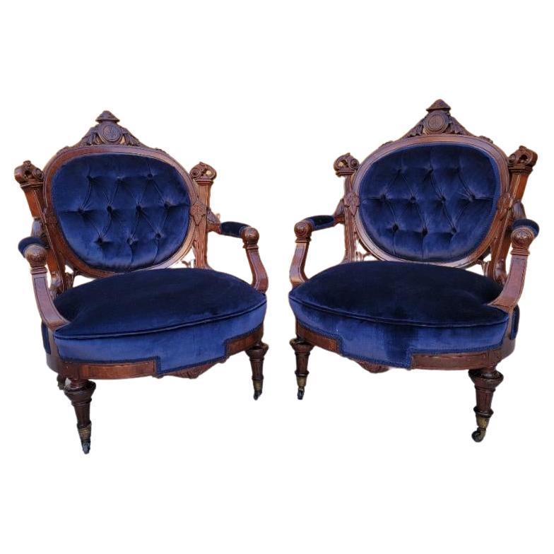 Antique Victorian Eastlake Burled Walnut Tufted Armchairs Newly Upholstered For Sale