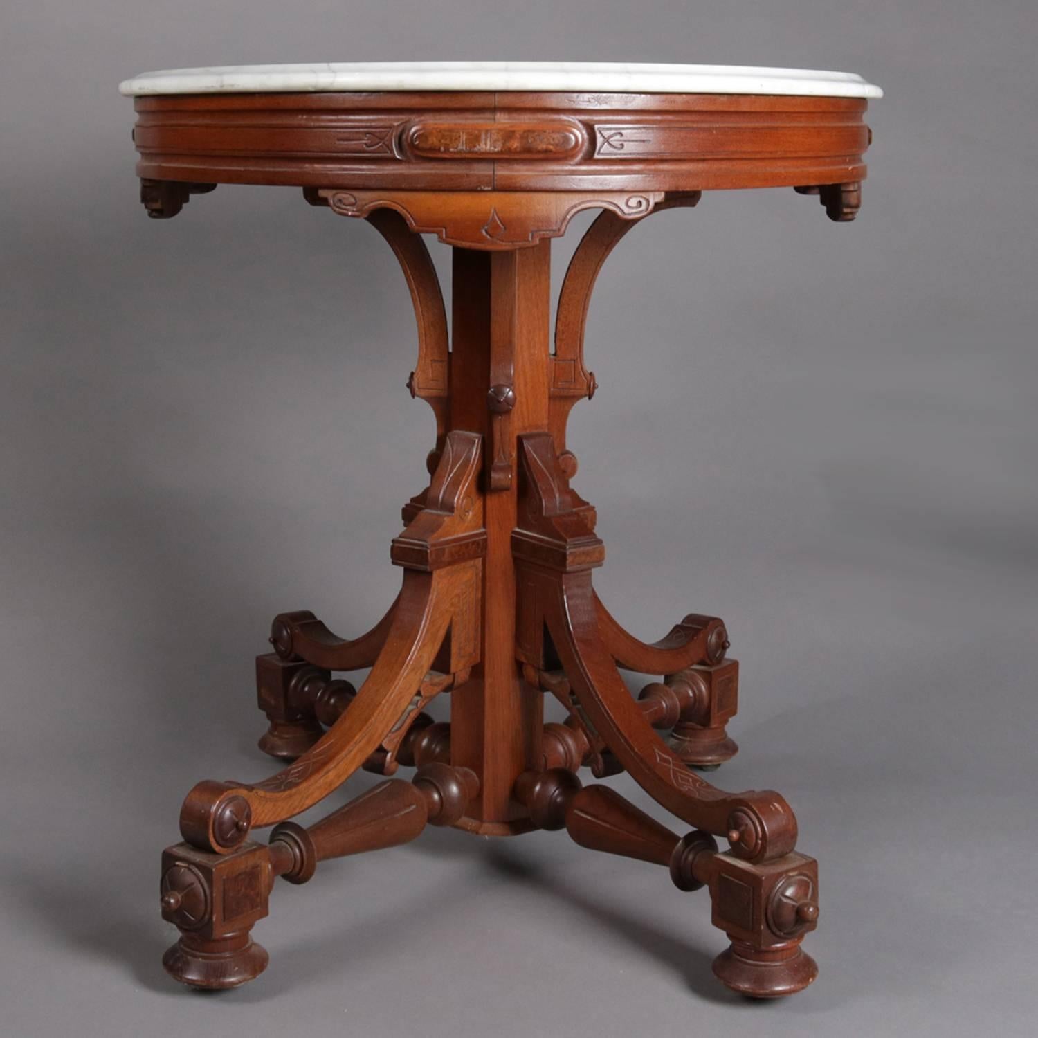 Antique Victorian Eastlake Carved Walnut & Marble Pedestal Parlor Table 2