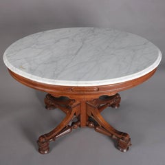 Antique Victorian Eastlake Carved Walnut & Marble Pedestal Parlor Table