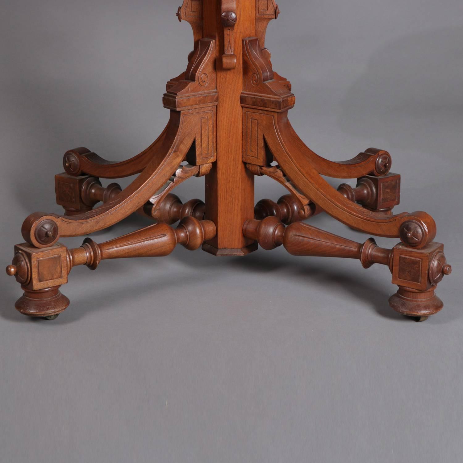 Beveled Antique Victorian Eastlake Carved Walnut & Marble Pedestal Parlor Table