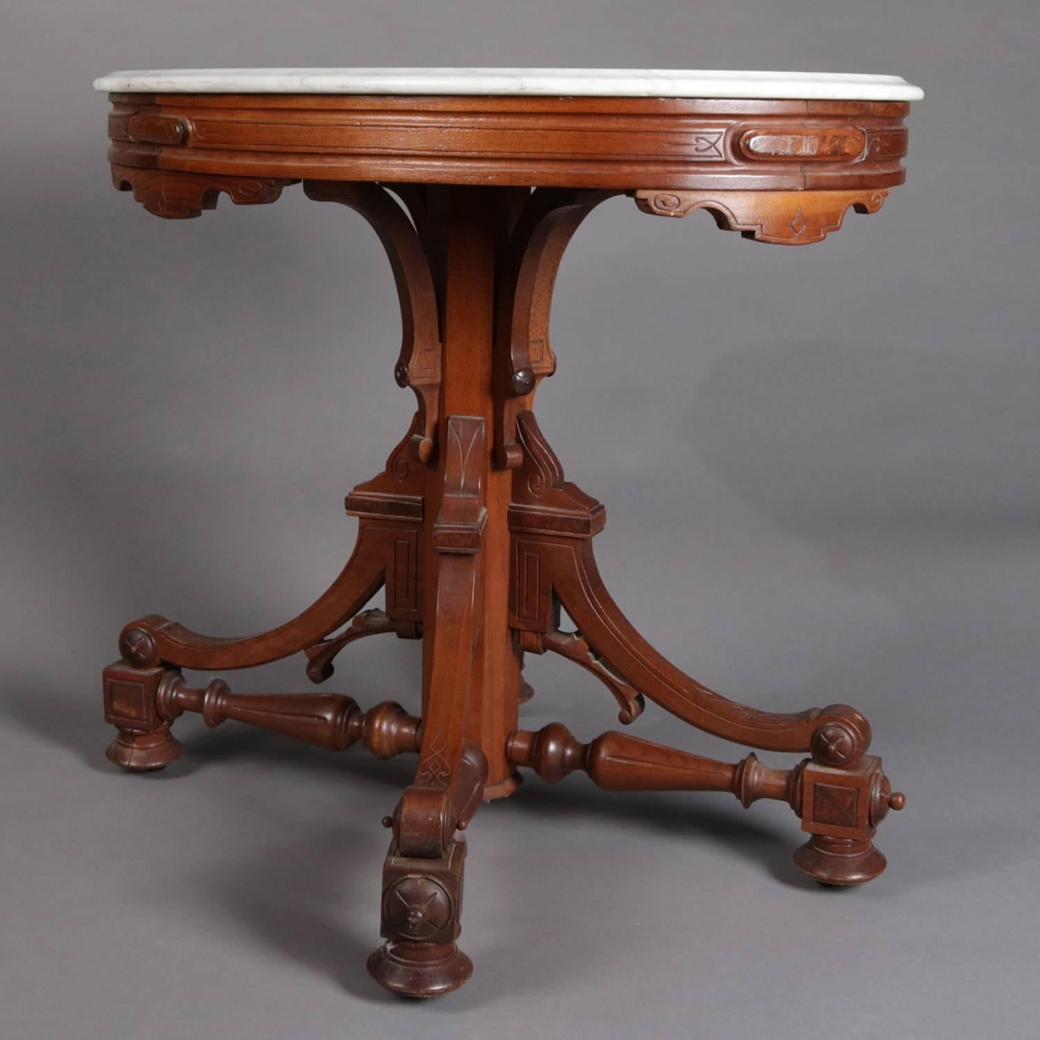 Antique Victorian Eastlake Carved Walnut & Marble Pedestal Parlor Table In Good Condition In Big Flats, NY