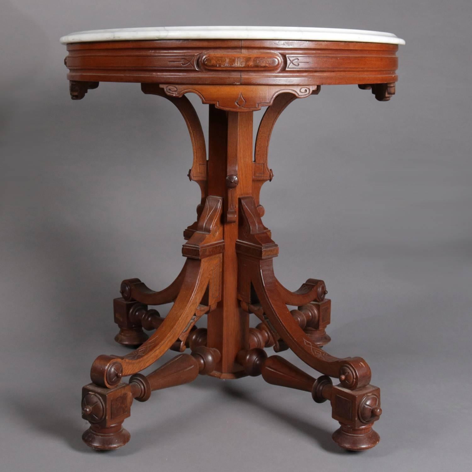 19th Century Antique Victorian Eastlake Carved Walnut & Marble Pedestal Parlor Table