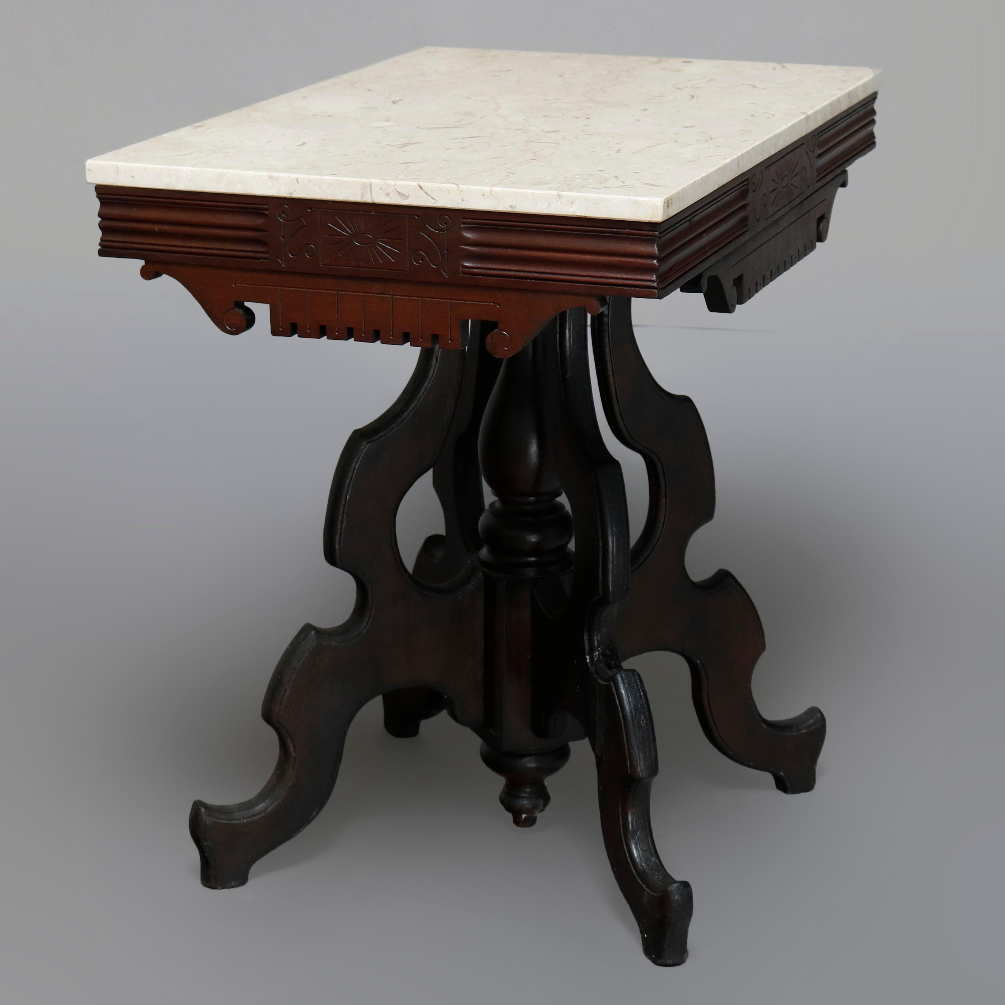 Antique Victorian Eastlake Carved Walnut & Beveled Marble Side Table, circa 1880 6