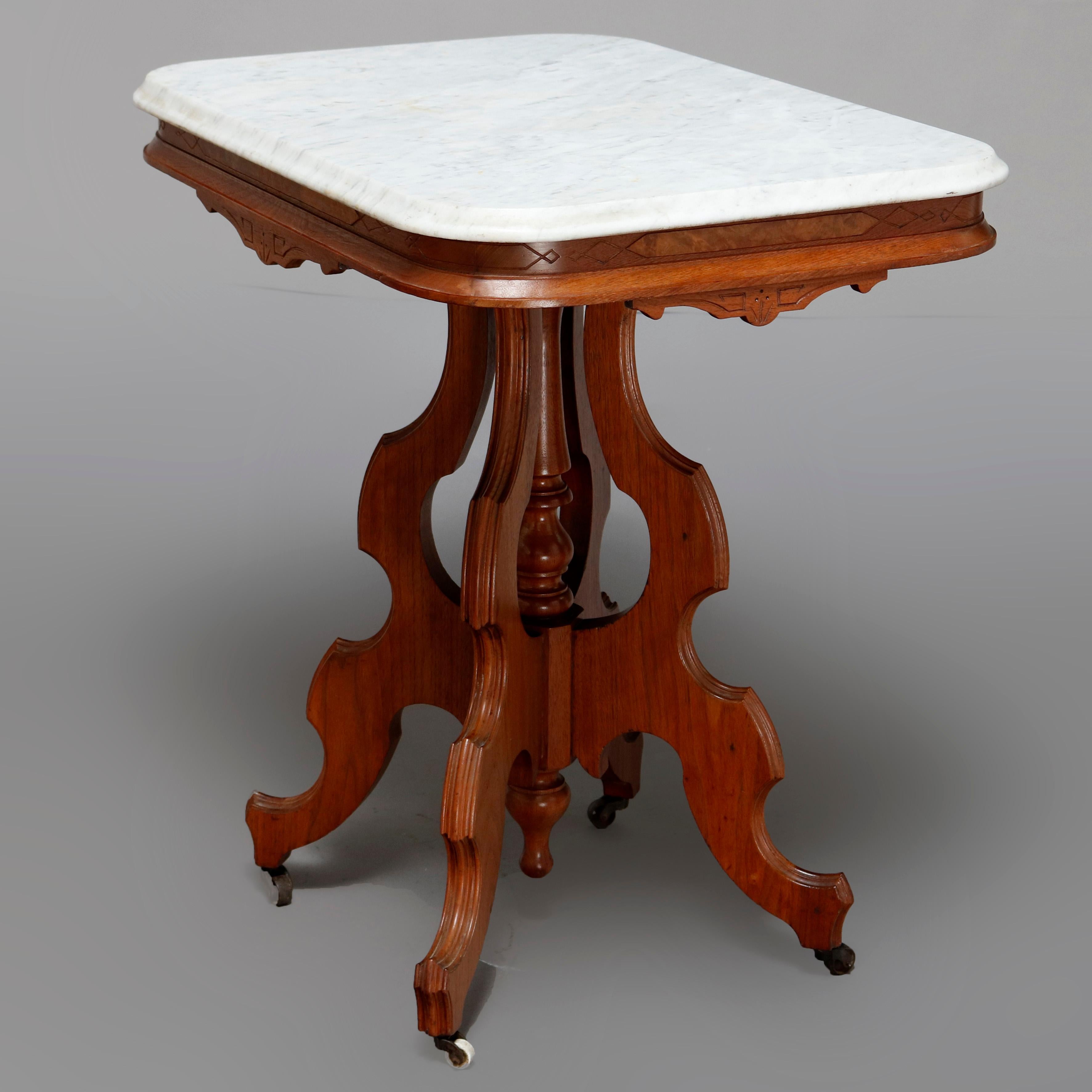 Antique Victorian Eastlake Carved Walnut & Beveled Marble Side Table, circa 1880 3