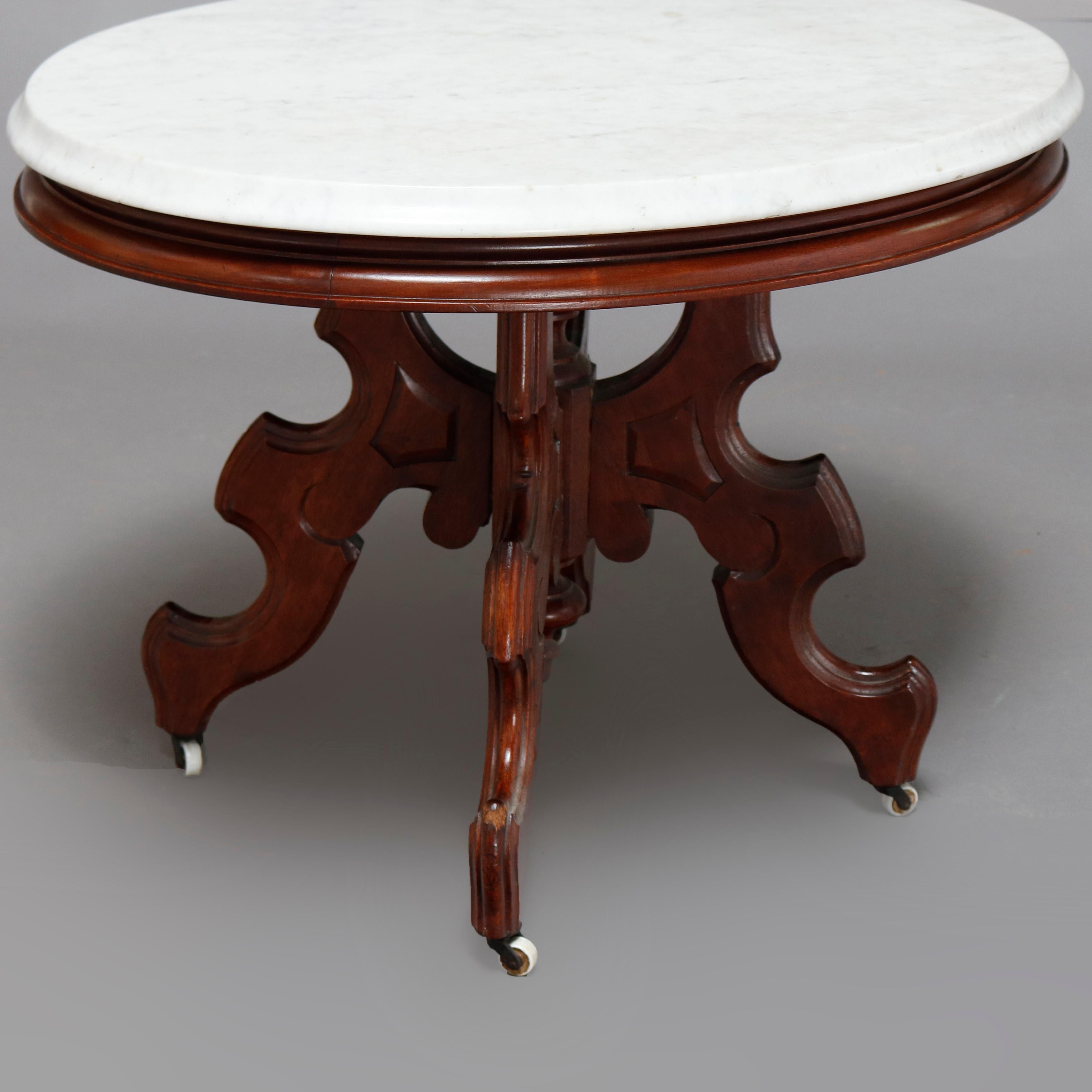 American Antique Victorian Eastlake Carved Walnut & Beveled Marble Side Table, circa 1880