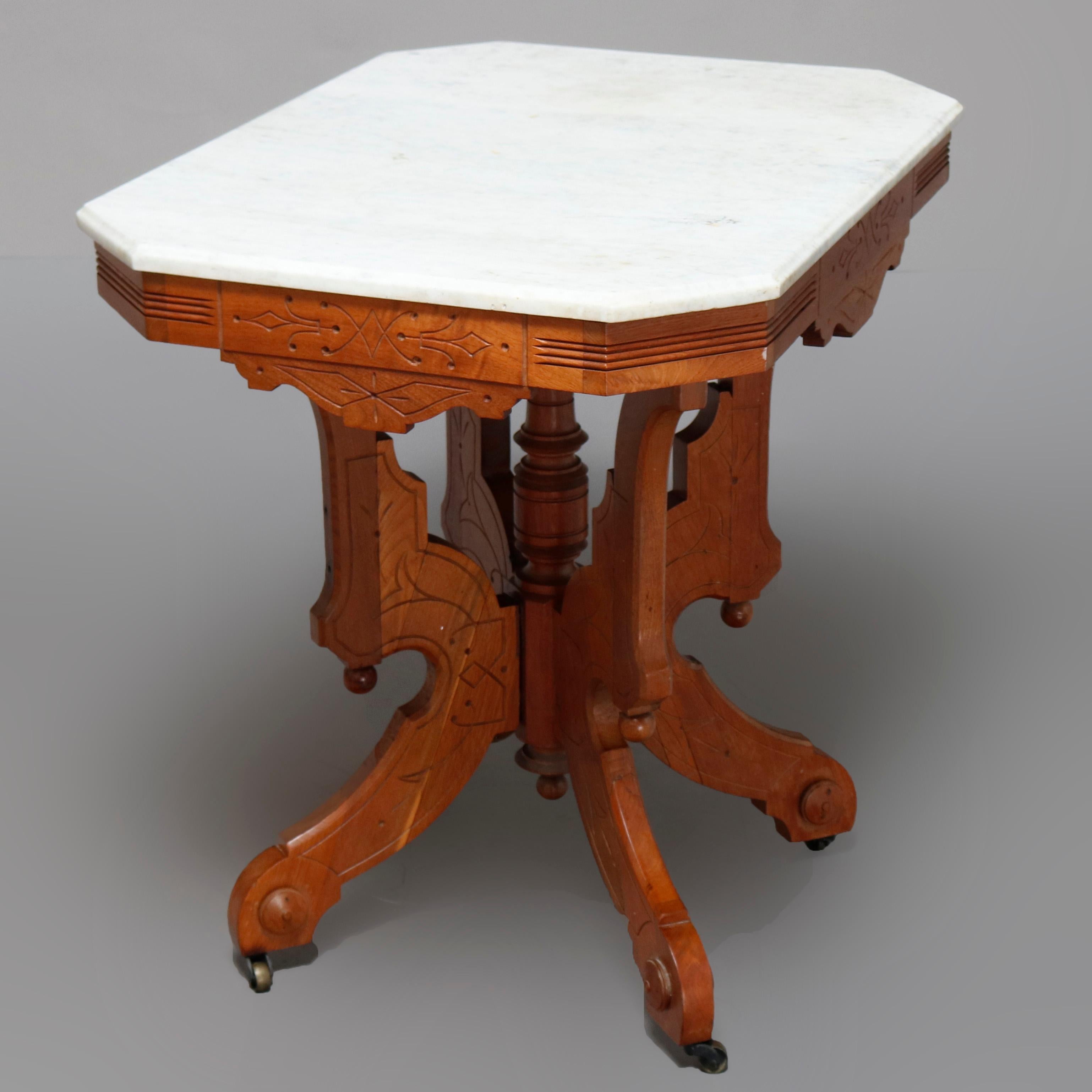Antique Victorian Eastlake Carved Walnut & Beveled Marble Side Table, circa 1880 In Good Condition In Big Flats, NY