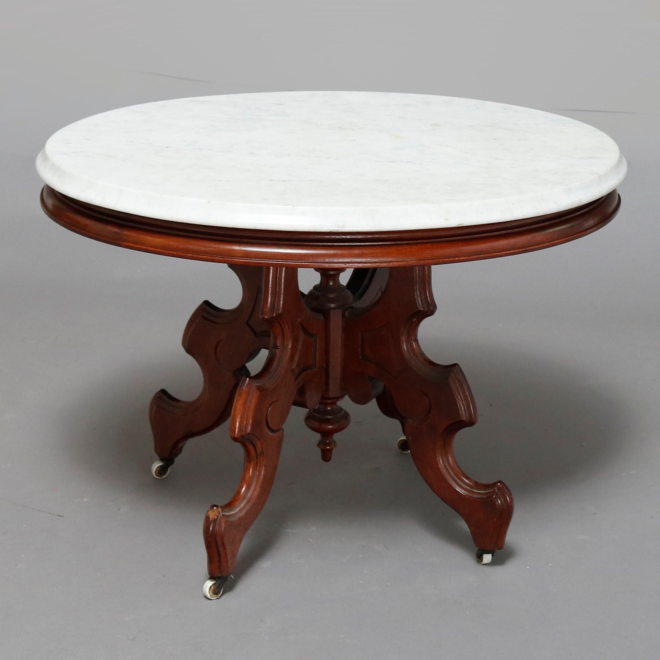 Antique Victorian Eastlake Carved Walnut & Beveled Marble Side Table, circa 1880 In Good Condition In Big Flats, NY