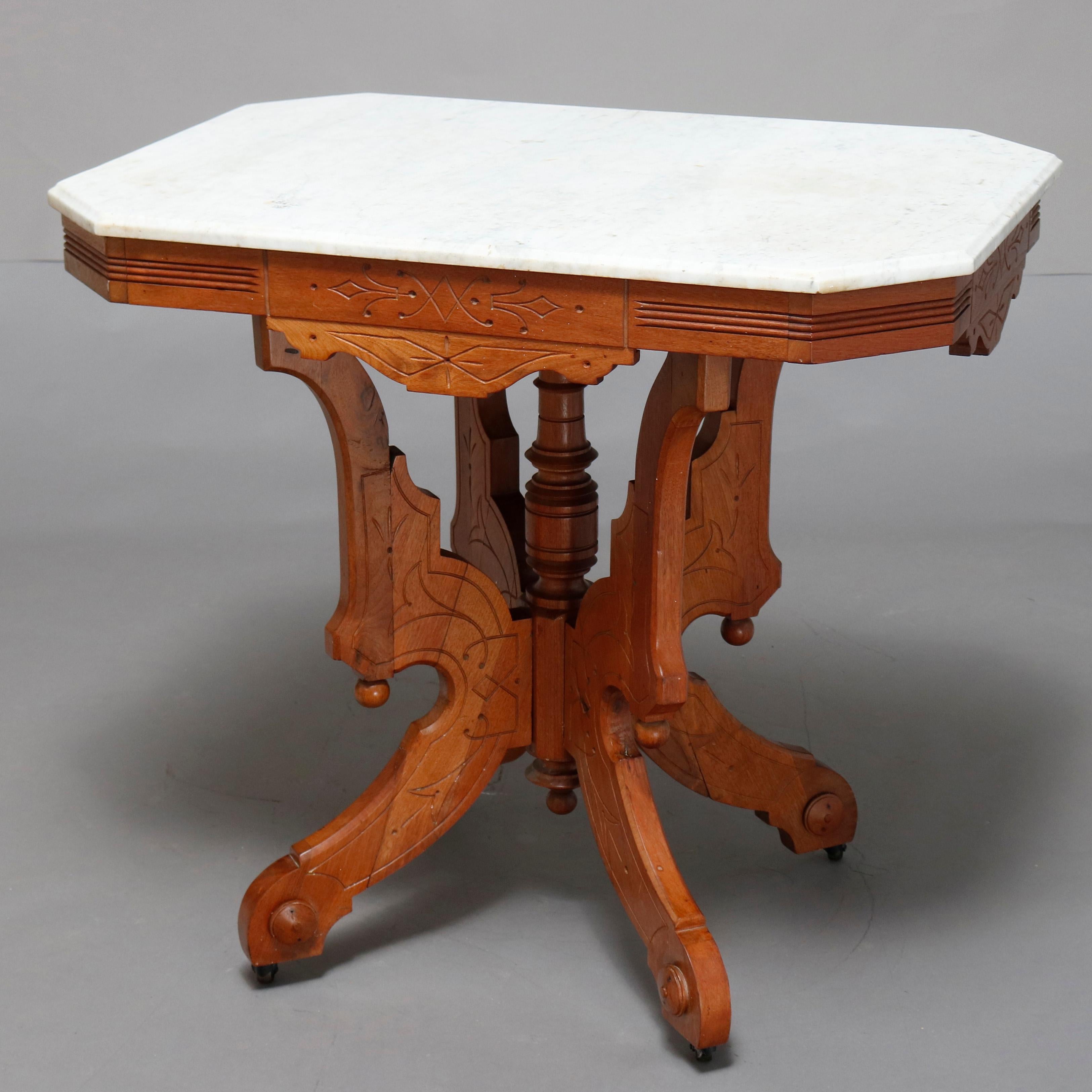 19th Century Antique Victorian Eastlake Carved Walnut & Beveled Marble Side Table, circa 1880