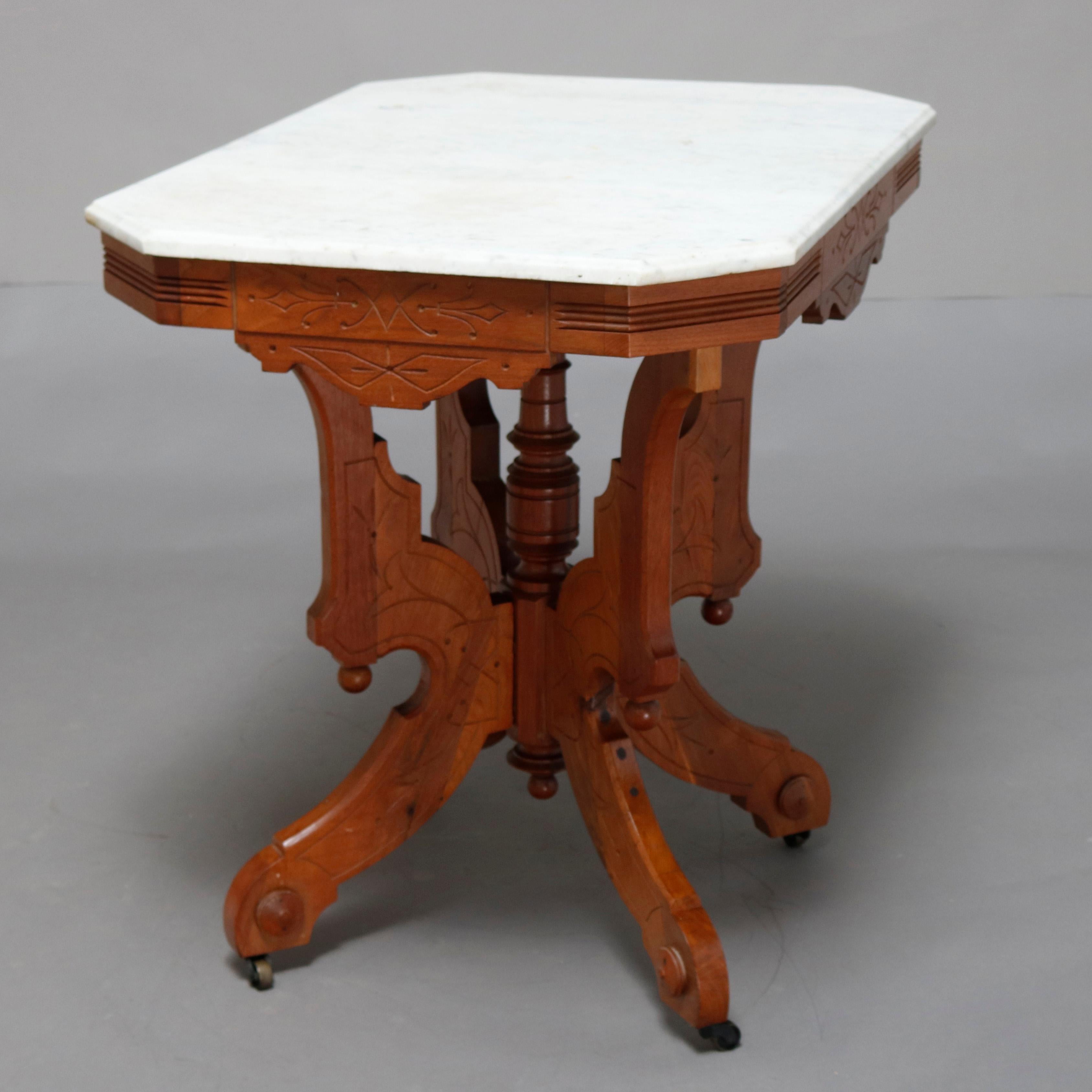 Antique Victorian Eastlake Carved Walnut & Beveled Marble Side Table, circa 1880 1
