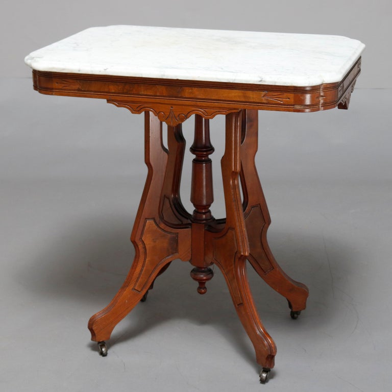 Antique Victorian Eastlake Carved Walnut and Beveled Marble Side Table