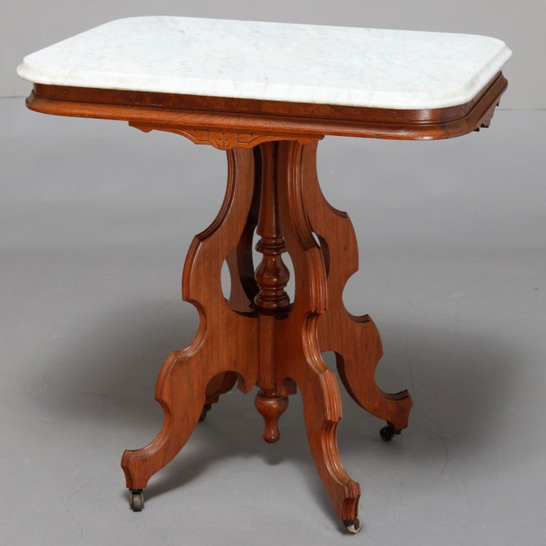 Antique Victorian Eastlake Carved Walnut and Beveled Marble Side Table