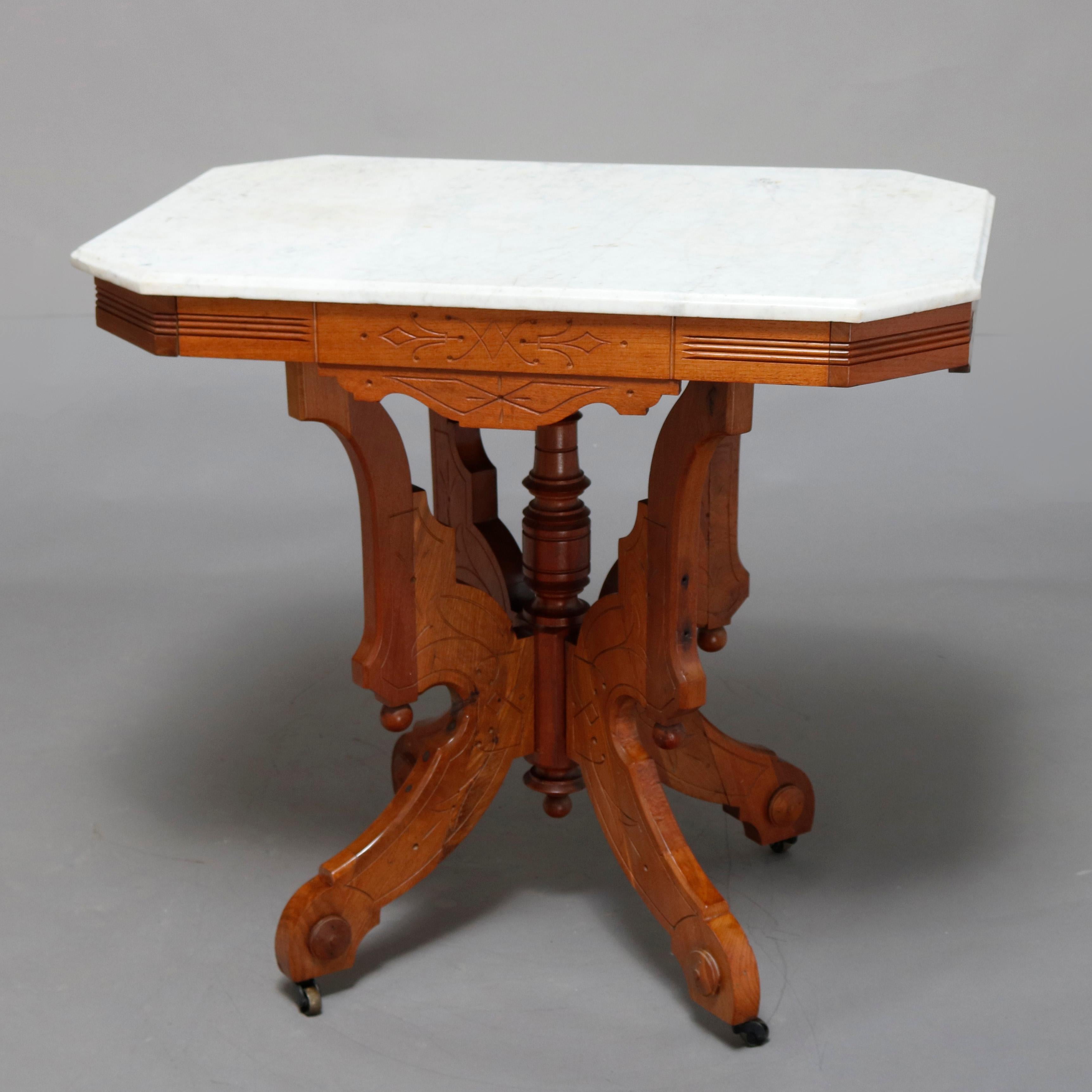 Antique Victorian Eastlake Carved Walnut & Beveled Marble Side Table, circa 1880 2