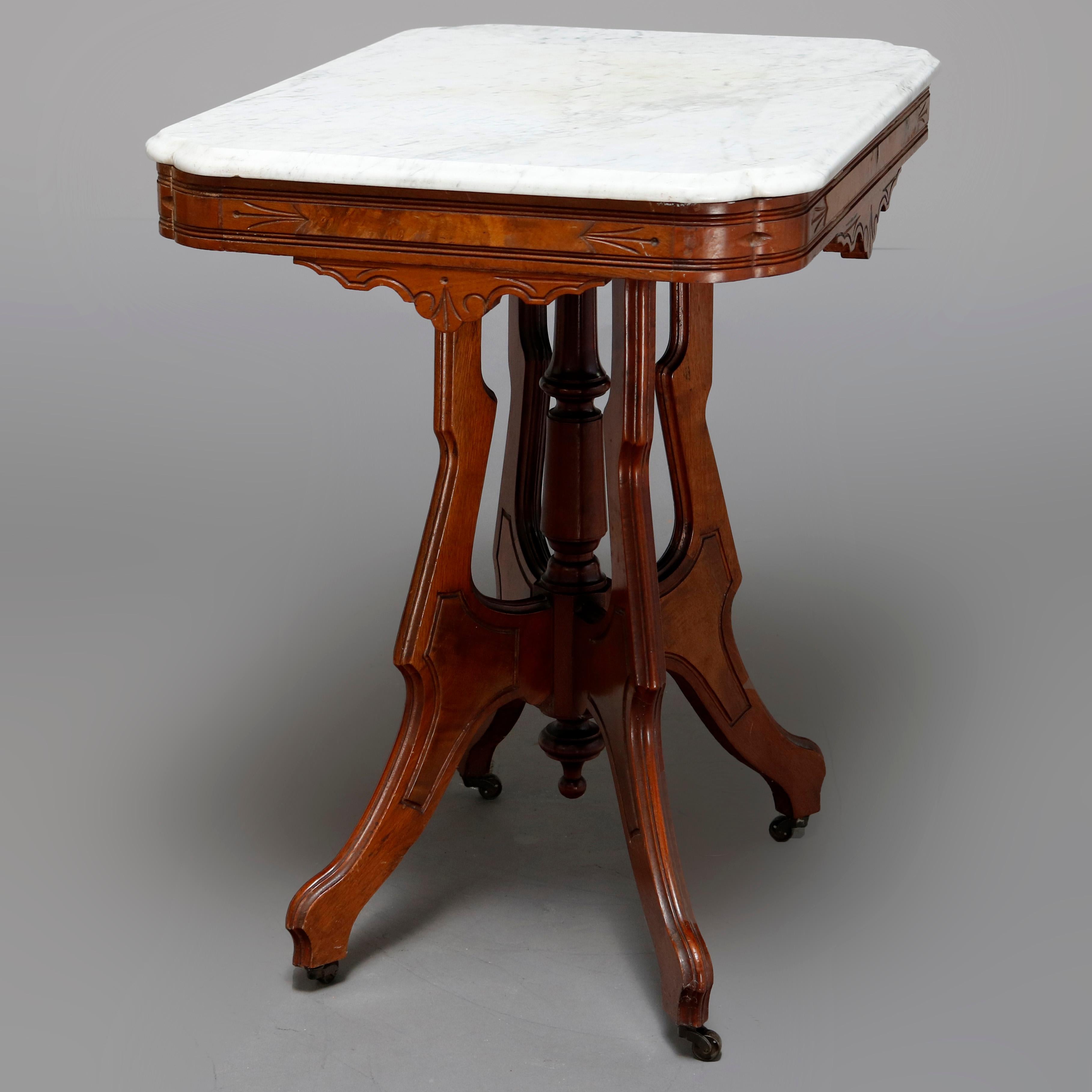 Antique Victorian Eastlake Carved Walnut & Beveled Marble Side Table, circa 1880 In Good Condition In Big Flats, NY