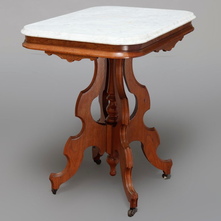 Antique Victorian Eastlake Carved Walnut and Beveled Marble Side Table