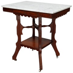 Antique Victorian Eastlake Carved Walnut & Beveled Marble Side Table, circa 1880