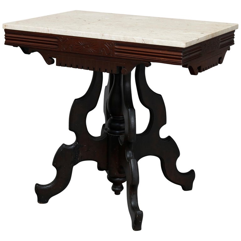 Antique Victorian Eastlake Carved Walnut and Beveled Marble Side Table