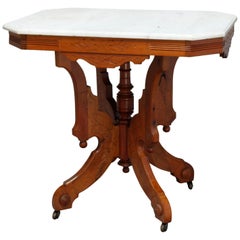 Antique Victorian Eastlake Carved Walnut & Beveled Marble Side Table, circa 1880