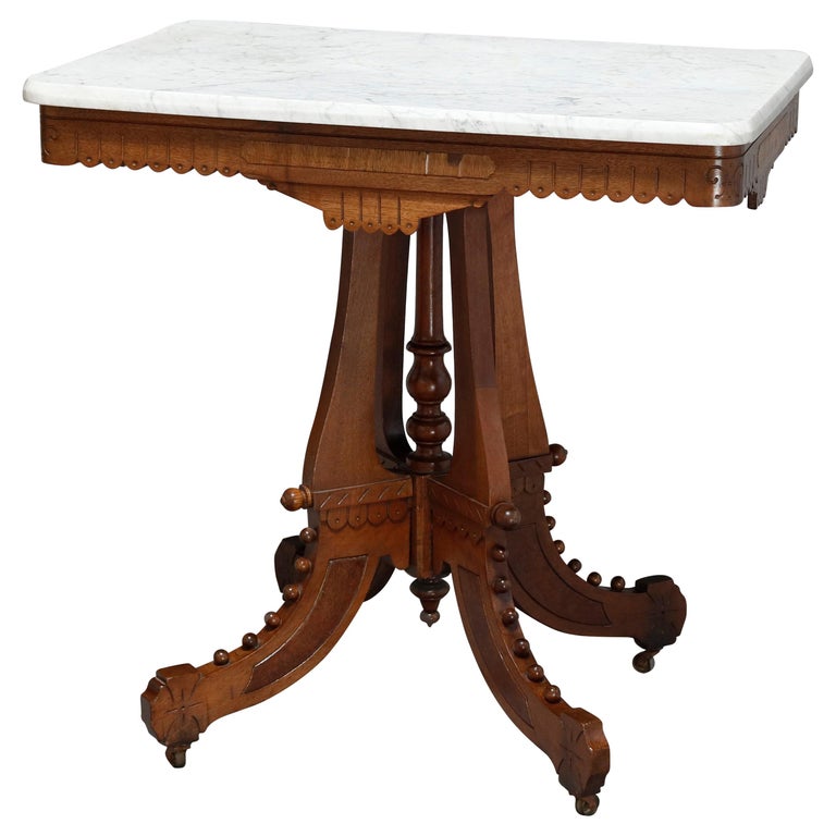 Antique Victorian Eastlake Carved Walnut and Beveled Marble Side Table, circa 1880 at 1stDibs