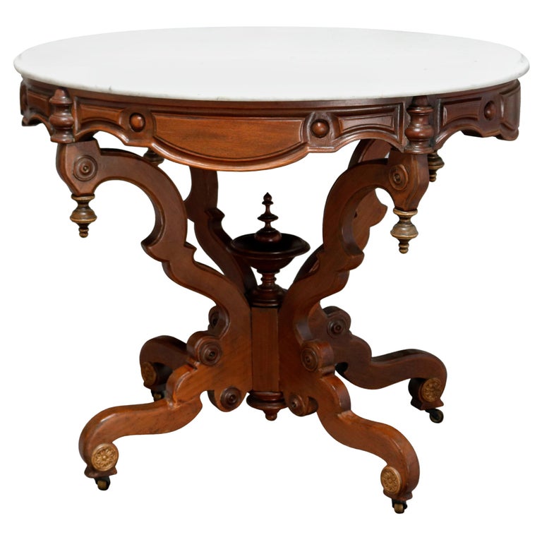 Antique Victorian Eastlake Carved Walnut and Beveled Marble Side Table