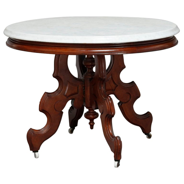 Antique Victorian Eastlake Carved Walnut and Beveled Marble Side Table
