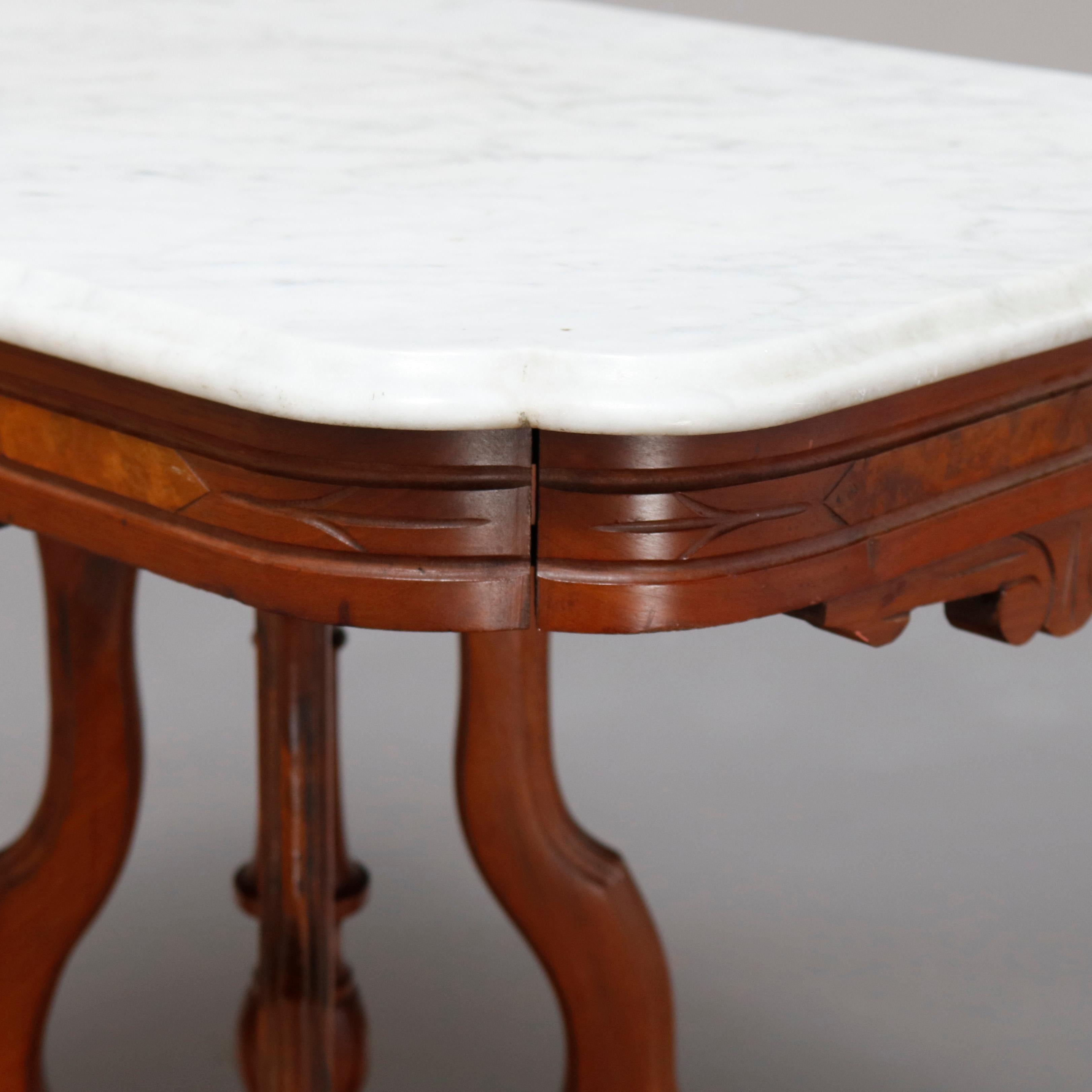 American Antique Victorian Eastlake Carved Walnut, Burl & Beveled Marble Side Table