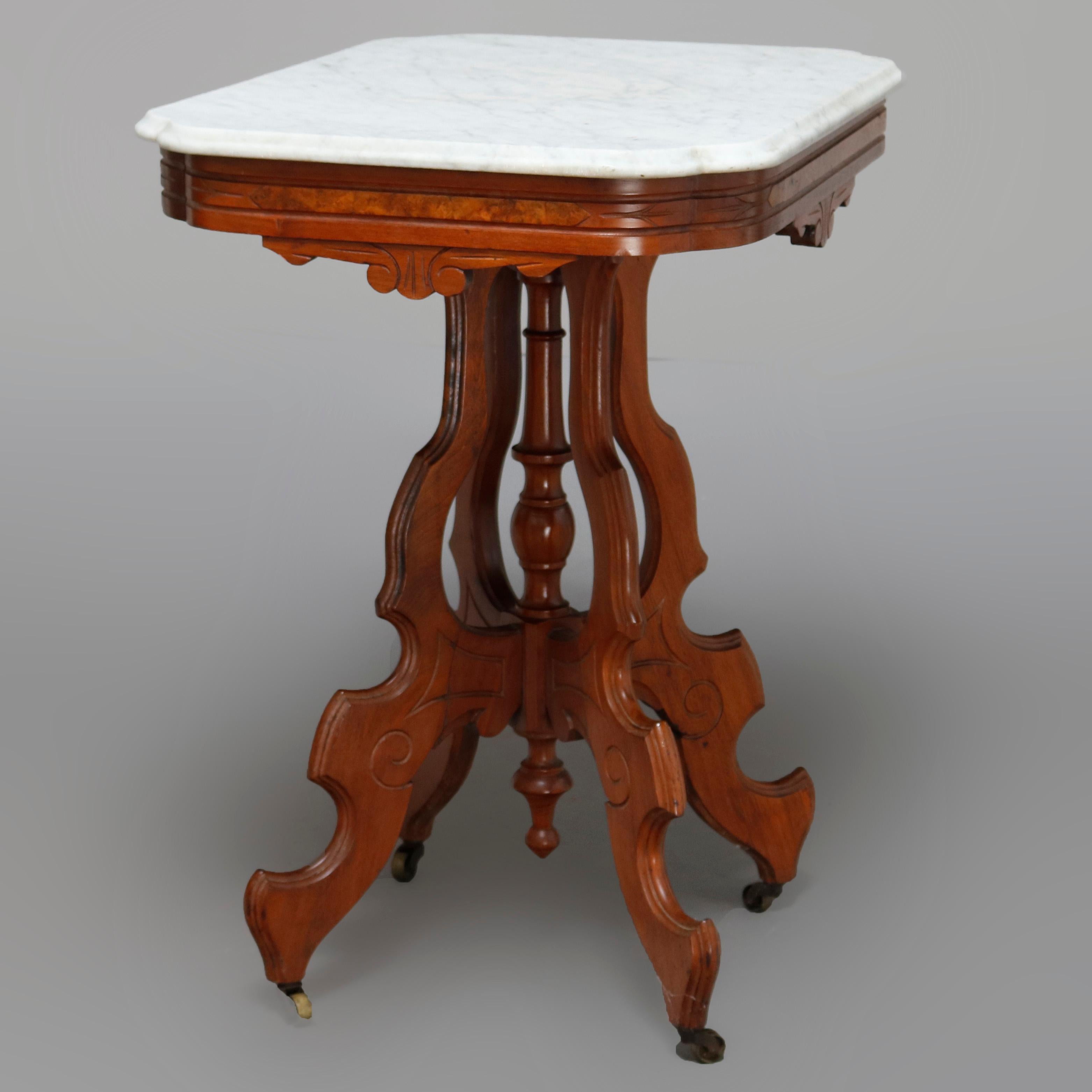 Antique Victorian Eastlake Carved Walnut, Burl & Beveled Marble Side Table In Good Condition In Big Flats, NY