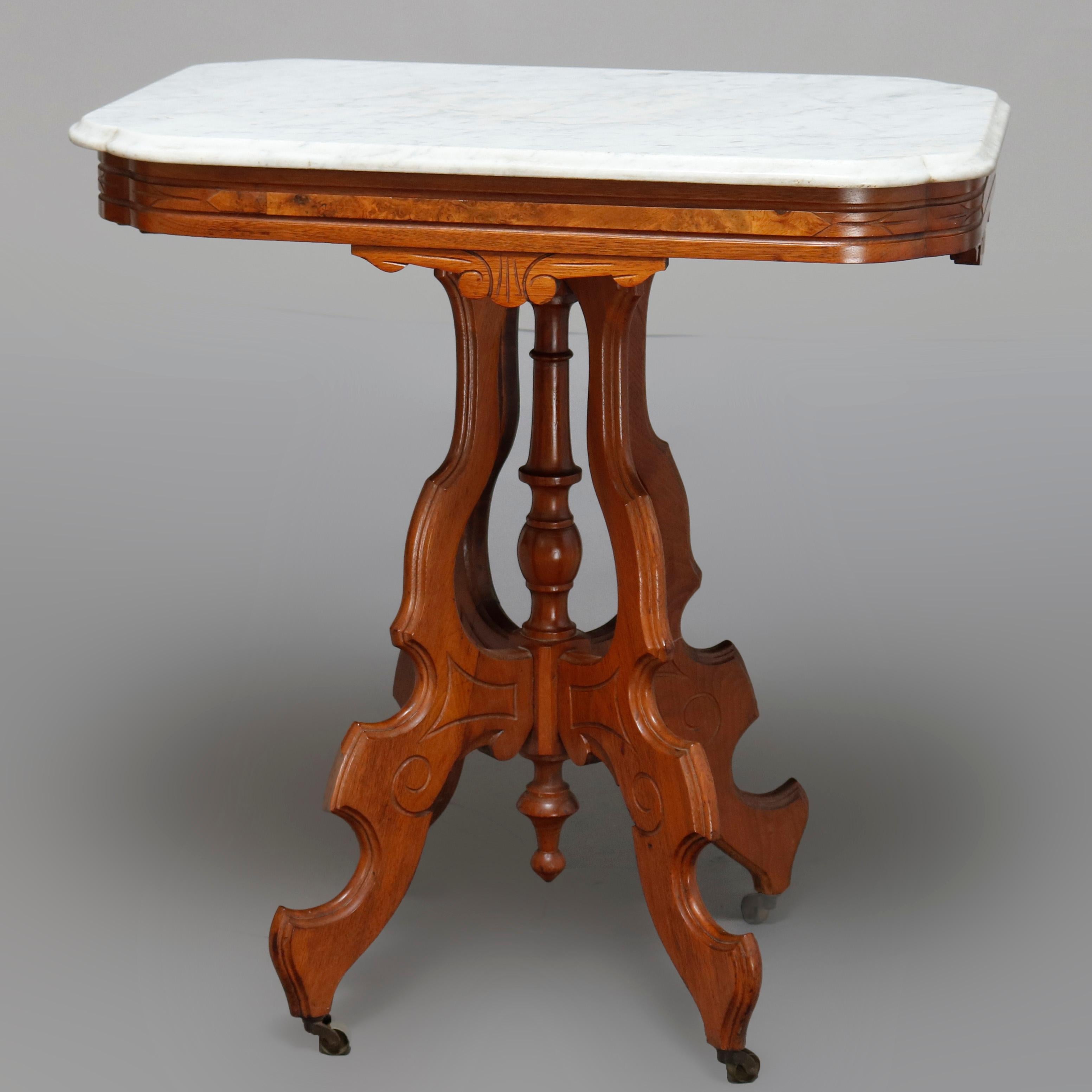19th Century Antique Victorian Eastlake Carved Walnut, Burl & Beveled Marble Side Table