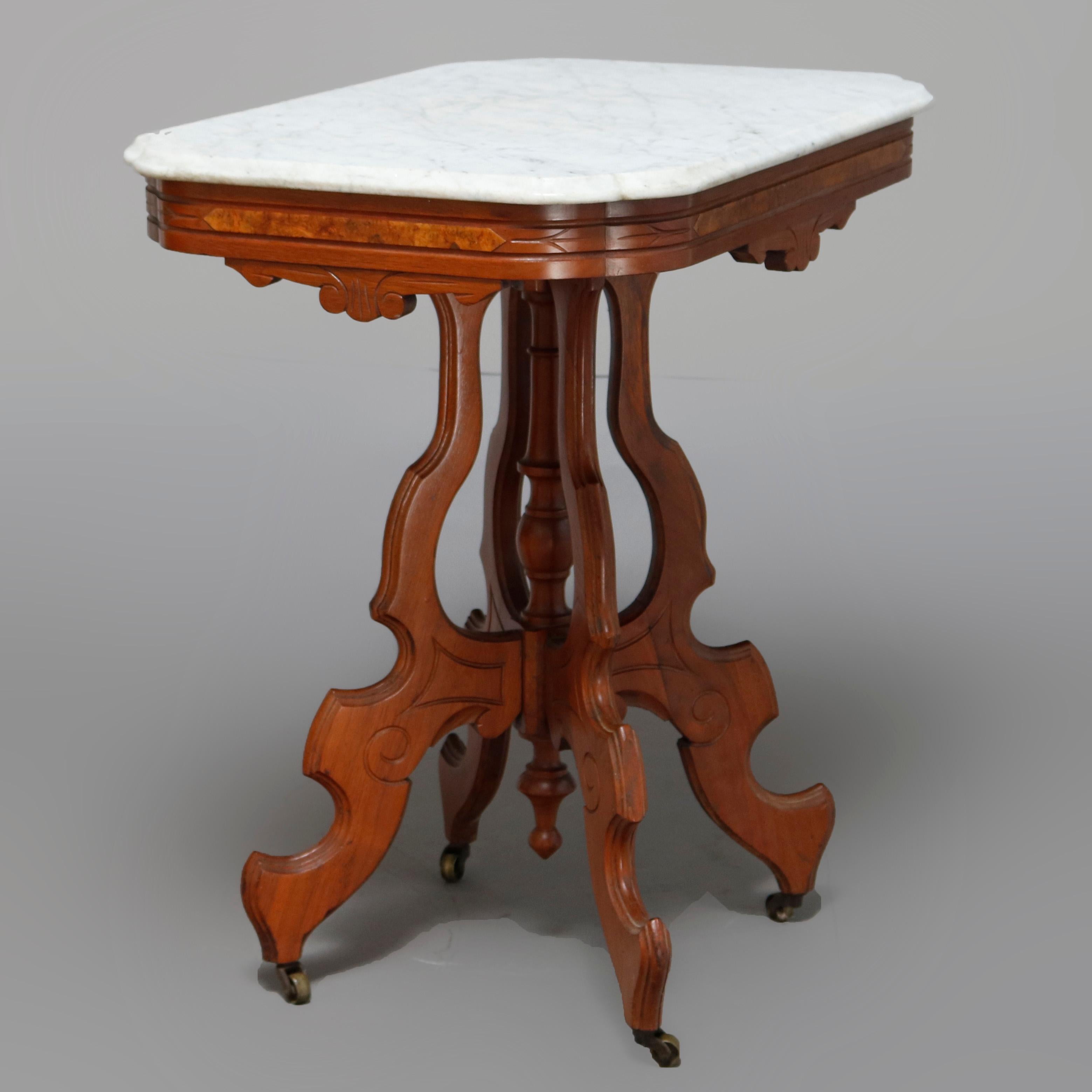 Antique Victorian Eastlake Carved Walnut, Burl & Beveled Marble Side Table 1