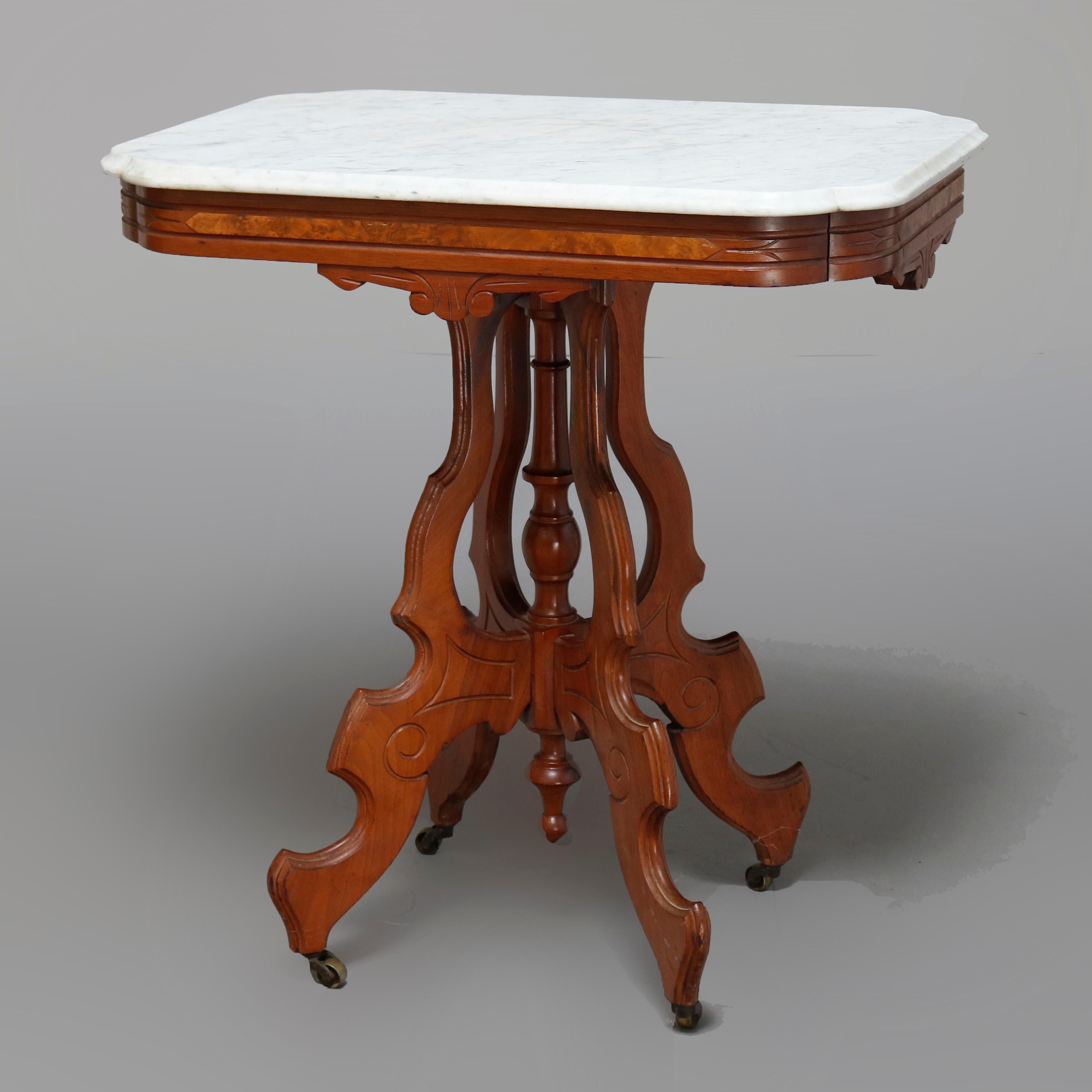 Antique Victorian Eastlake Carved Walnut, Burl & Beveled Marble Side Table 2