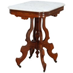 Antique Victorian Eastlake Carved Walnut, Burl & Beveled Marble Side Table