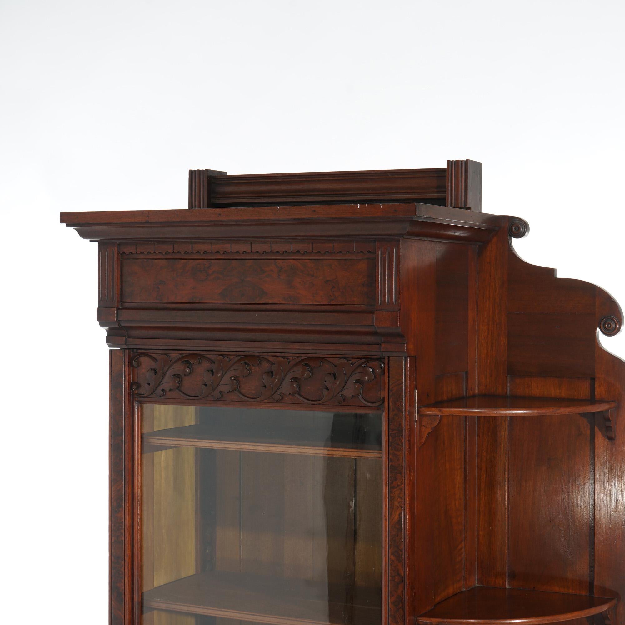 19th Century Antique Victorian Eastlake Carved Walnut & Burl Bookcase Etagere C1890